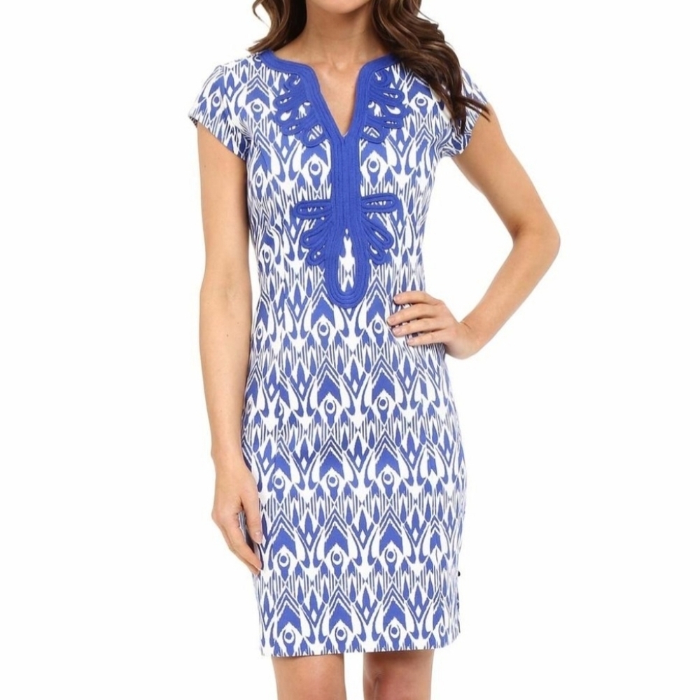Hatley cap sleeve ikat print shift dress  blue white small